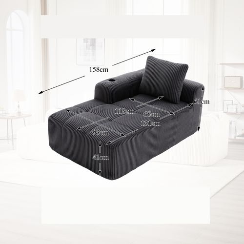 Méridienne 1 Place - Coussin Dossier - Poches Latérales - Velours Côtelé - Gris Foncé