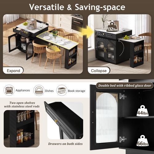 Îlot De Cuisine - Table à Manger Extensible - Éclairage LED Et Prises - Ouvertes Sur Roulettes -noir