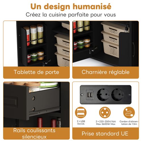 Îlot De Cuisine - 2 Tiroirs - 2 Portes - Étagères Ouvertes - Prises Ac Et USB - Noir Et Naturel