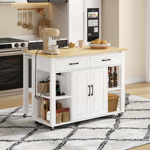 Îlot De Cuisine Multifonction - 2 Tiroirs - 2 Portes - Prises Ac Et USB - Blanc