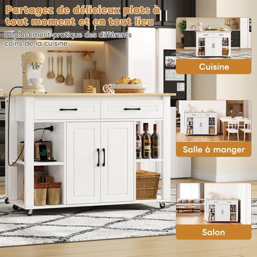 Îlot De Cuisine Multifonction - 2 Tiroirs - 2 Portes - Prises Ac Et USB - Blanc