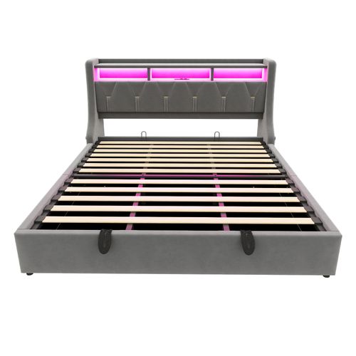 Lit Coffre Capitonné 180x200 Cm - LED - Prise Électrique - Ouverture Hydraulique - Velours - Gris