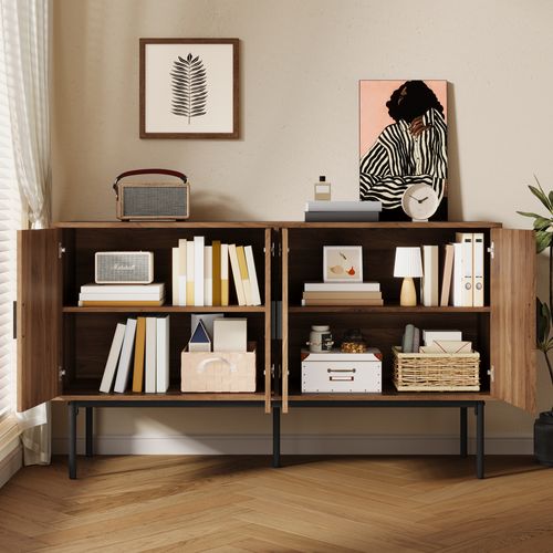 Buffet De Cuisine Commode - Meuble D’entrée - 4 Portes - Fermeture Amortie - Mdf - Bois Naturel