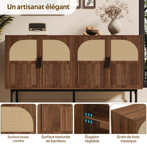 Buffet De Cuisine Commode - Meuble D’entrée - 4 Portes - Fermeture Amortie - Mdf - Bois Naturel