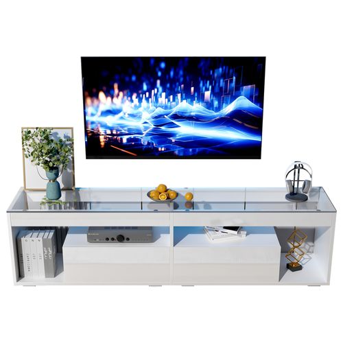 Meuble TV - LED Télécommandée - 2 Tiroirs - Design Moderne - Panneaux Particules Verre Trempé -blanc