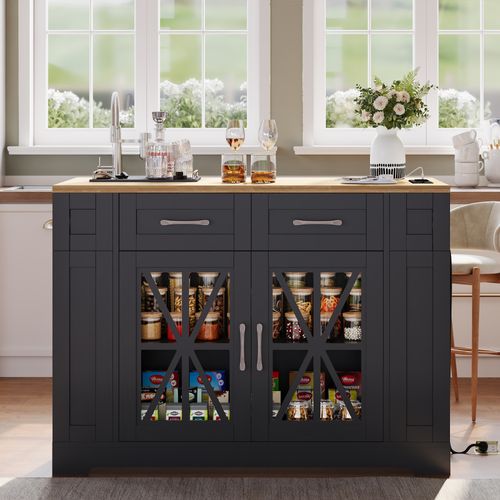 Îlot De Cuisine - Table Pliante - 2 Portes - Étagères Réglables - Prises Électriques - Mdf - Noir