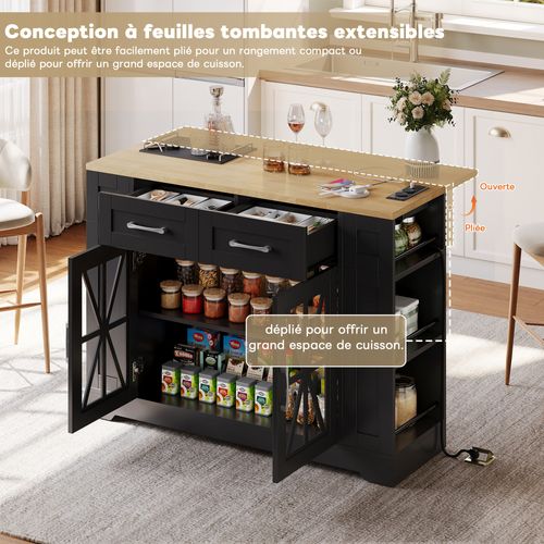 Îlot De Cuisine - Table Pliante - 2 Portes - Étagères Réglables - Prises Électriques - Mdf - Noir