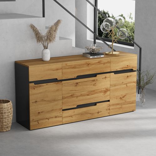 Buffet Rangement - 4 Tiroirs - 2 Portes - Design Sans Poignée - Bois - Naturel Noir