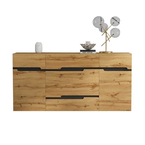 Buffet Rangement - 4 Tiroirs - 2 Portes - Design Sans Poignée - Bois - Naturel Noir
