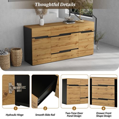 Buffet Rangement - 4 Tiroirs - 2 Portes - Design Sans Poignée - Bois - Naturel Noir