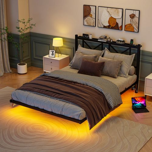 Lit Double 140x200 Cm - Lit Adulte - LED Multicolore - Rangements - Prises USB - Métal - Noir