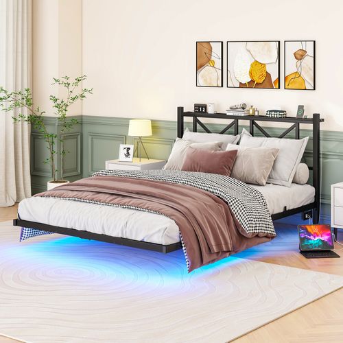 Lit Double 140x200 Cm - Lit Adulte - LED Multicolore - Rangements - Prises USB - Métal - Noir