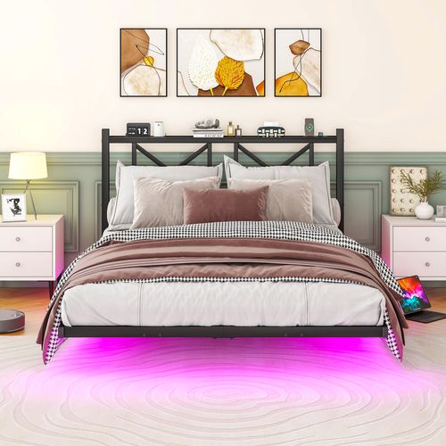 Lit Double 140x200 Cm - Lit Adulte - LED Multicolore - Rangements - Prises USB - Métal - Noir