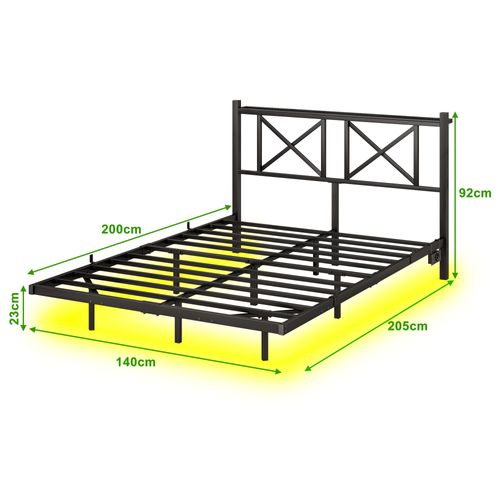 Lit Double 140x200 Cm - Lit Adulte - LED Multicolore - Rangements - Prises USB - Métal - Noir