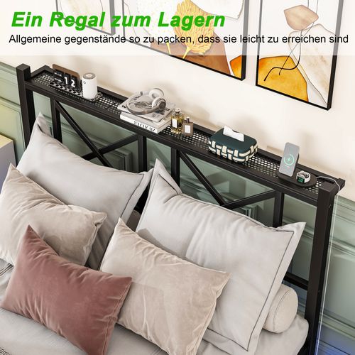 Lit Double 140x200 Cm - Lit Adulte - LED Multicolore - Rangements - Prises USB - Métal - Noir