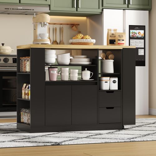 Îlot De Cuisine, Rangement, Plan Extensible Et Étagères Multifaces, 2 Tiroirs, Mdf, Noir
