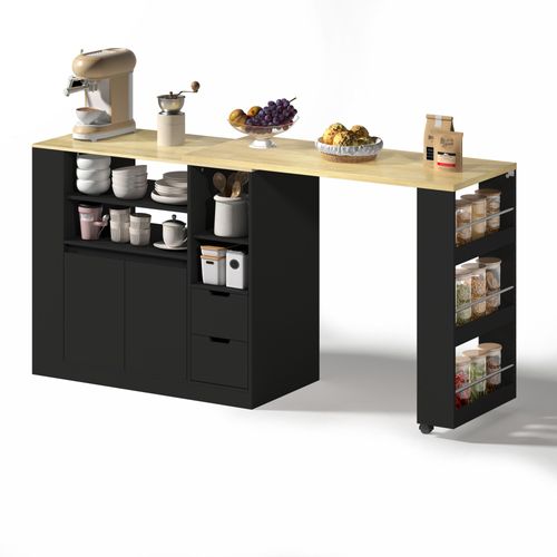 Îlot De Cuisine, Rangement, Plan Extensible Et Étagères Multifaces, 2 Tiroirs, Mdf, Noir