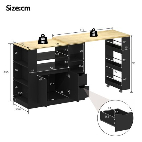 Îlot De Cuisine, Rangement, Plan Extensible Et Étagères Multifaces, 2 Tiroirs, Mdf, Noir