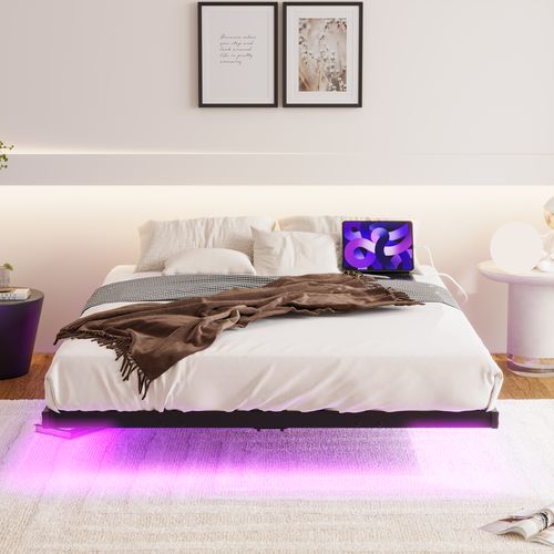 Lit Double 140x200 Cm - Lit Ado Métal - LED - Ports USB - Commande App Télécommande - Noir