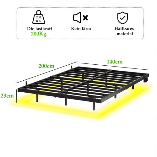Lit Double 140x200 Cm - Lit Ado Métal - LED - Ports USB - Commande App Télécommande - Noir