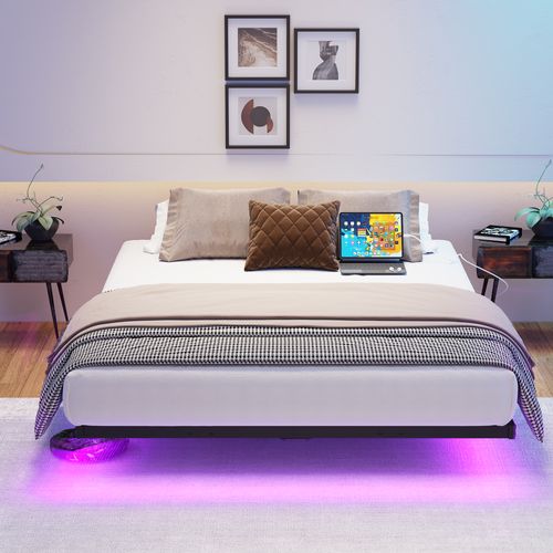 Lit Simple 120x200 Cm - Lit Simple Avec LED Et Ports USB - Commande Télécommande App - Métal -noir