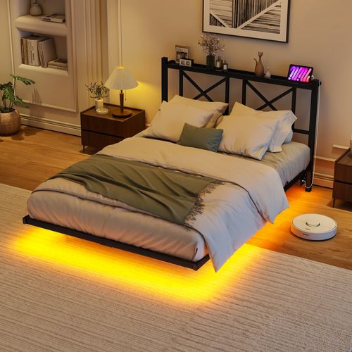 Lit Simple 120x200 Cm - Lit Ado Avec Rangements Et LED Multicolore - Prises USB - Cadre Métal - Noir
