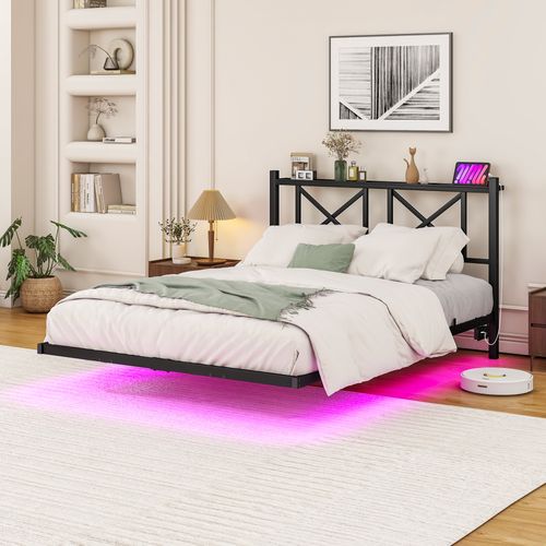 Lit Simple 120x200 Cm - Lit Ado Avec Rangements Et LED Multicolore - Prises USB - Cadre Métal - Noir