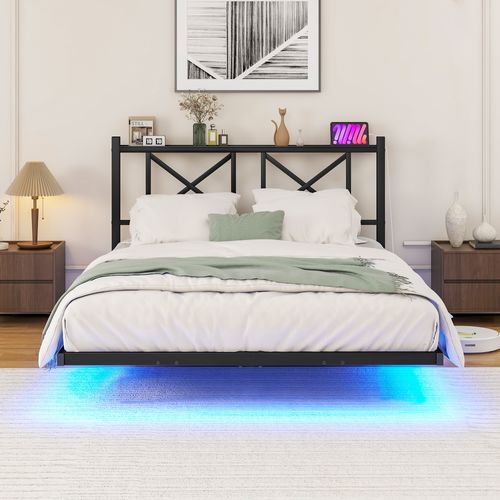 Lit Simple 120x200 Cm - Lit Ado Avec Rangements Et LED Multicolore - Prises USB - Cadre Métal - Noir