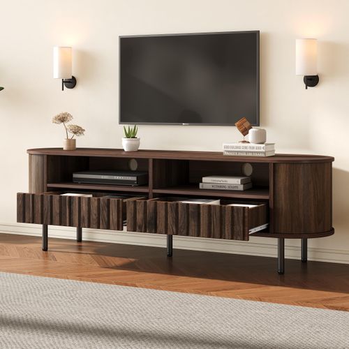 Meuble TV Design Moderne - 2 Tiroirs Et Rangement Ouvert - Structure Mdf Et Pieds Métal - Noyer