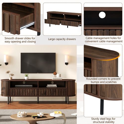 Meuble TV Design Moderne - 2 Tiroirs Et Rangement Ouvert - Structure Mdf Et Pieds Métal - Noyer