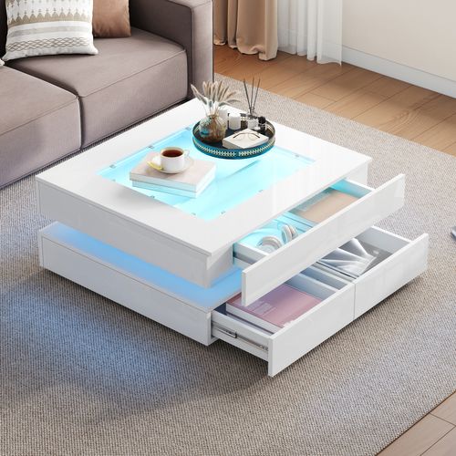 Table Basse Design Moderne - Tiroirs Et LED - Plateau En Verre Finition Haute Brillance - Blanc