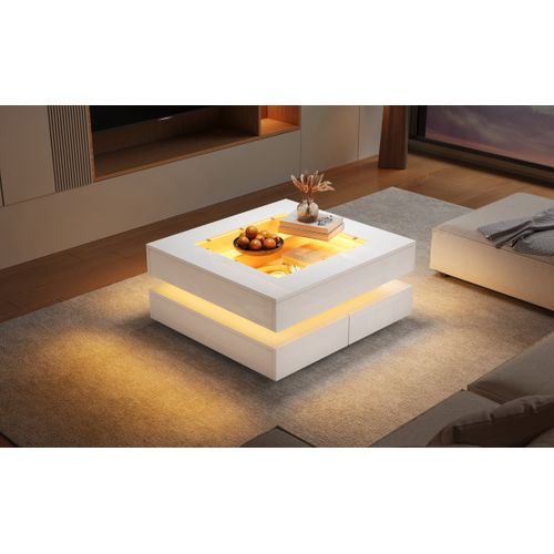 Table Basse Design Moderne - Tiroirs Et LED - Plateau En Verre Finition Haute Brillance - Blanc