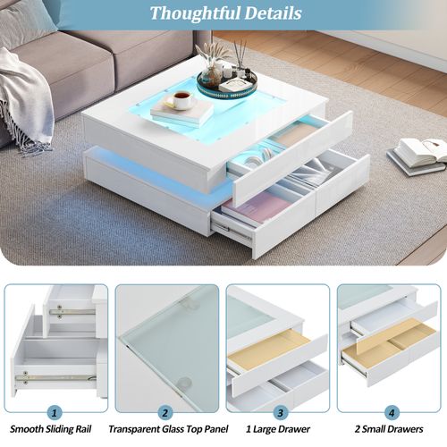 Table Basse Design Moderne - Tiroirs Et LED - Plateau En Verre Finition Haute Brillance - Blanc