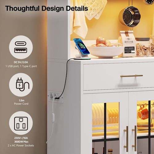 Buffet De Cuisine - 6 Portes - 2 Tiroirs - Réglables - LED - Prise - Poignées Dorées - Blanc - Mdf