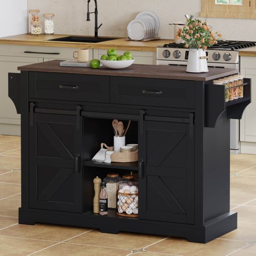 Îlot De Cuisine - Desserte De Cuisine - Portes Et Tiroirs - Plan Rabattable- Roulettes - Mdf - Noir