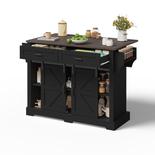 Îlot De Cuisine - Desserte De Cuisine - Portes Et Tiroirs - Plan Rabattable- Roulettes - Mdf - Noir