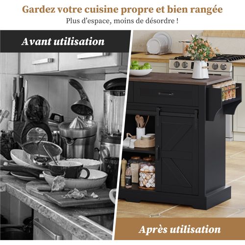 Îlot De Cuisine - Desserte De Cuisine - Portes Et Tiroirs - Plan Rabattable- Roulettes - Mdf - Noir