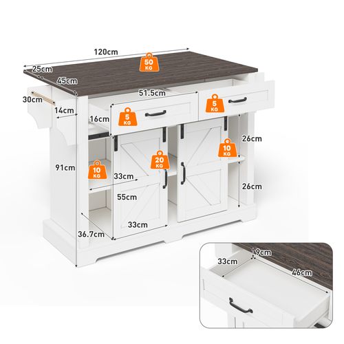 Îlot De Cuisine - Desserte De Cuisine - Portes - Tiroirs - Plan Rabattable - Roulettes - Mdf - Blanc