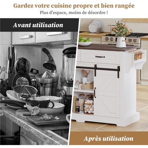 Îlot De Cuisine - Desserte De Cuisine - Portes - Tiroirs - Plan Rabattable - Roulettes - Mdf - Blanc