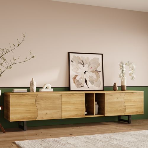 Meuble TV - Rangements Fermés - Niche Ouverte - 5 Portes - Mdf Panneaux De Particules - Naturel