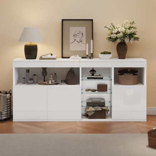 Buffet De Salon - Design Moderne - LED Intégrée - 3 Portes - Étagères En Verre - Mdf - Blanc Laqué