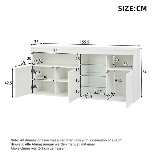 Buffet De Salon - Design Moderne - LED Intégrée - 3 Portes - Étagères En Verre - Mdf - Blanc Laqué