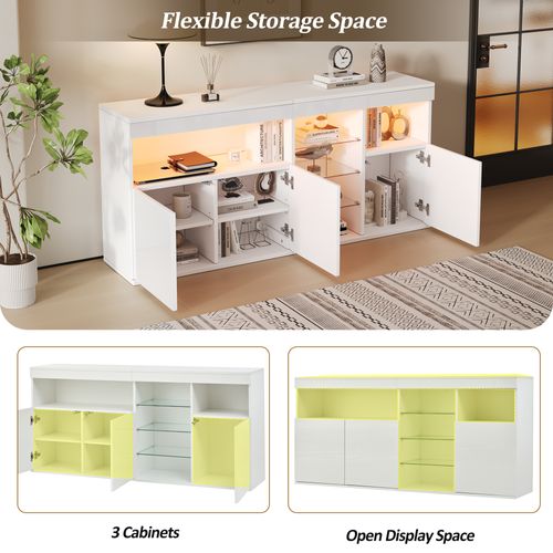 Buffet De Salon - Design Moderne - LED Intégrée - 3 Portes - Étagères En Verre - Mdf - Blanc Laqué