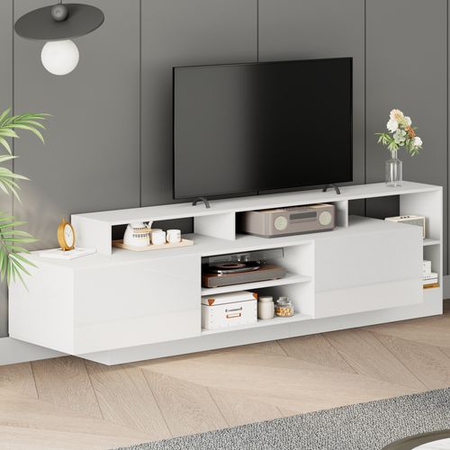 Meuble TV - LED Intégrée - 2 Portes Abattantes - Rangement Ouvert - Panneaux Particules - Blanc