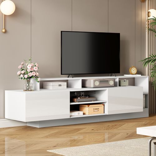 Meuble TV - LED Intégrée - 2 Portes Abattantes - Rangement Ouvert - Panneaux Particules - Blanc