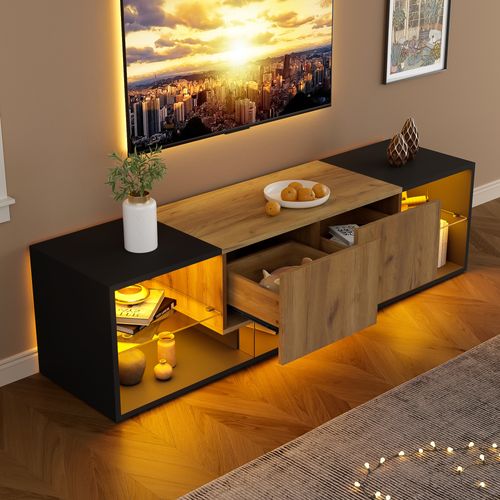 Meuble TV - 2 Tiroirs - Étagères En Verre - LED - Panneaux De Particules - Noir + Naturel