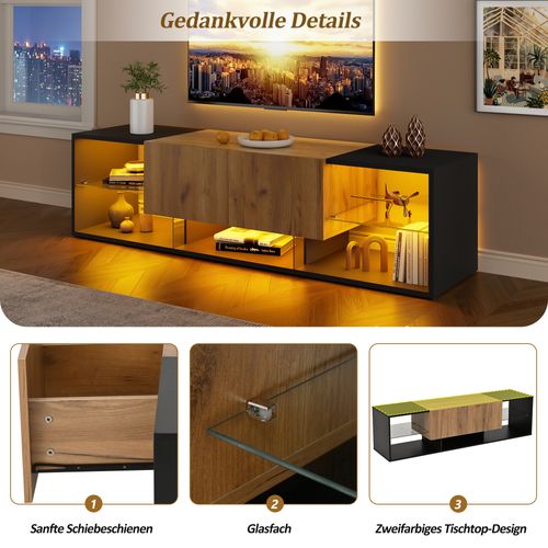 Meuble TV - 2 Tiroirs - Étagères En Verre - LED - Panneaux De Particules - Noir + Naturel