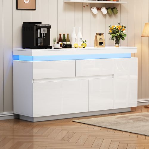 Buffet Rangement - LED Intégrée - 4 Placards - 2 Tiroirs - Design Brillant Moderne - Mdf - Blanc