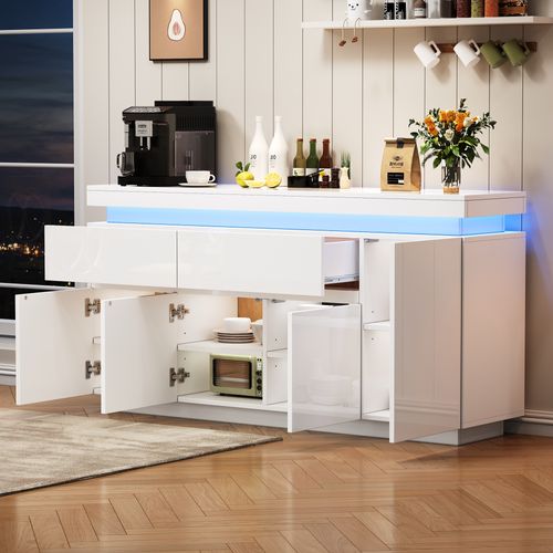 Buffet Rangement - LED Intégrée - 4 Placards - 2 Tiroirs - Design Brillant Moderne - Mdf - Blanc
