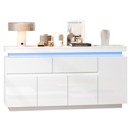 Buffet Rangement - LED Intégrée - 4 Placards - 2 Tiroirs - Design Brillant Moderne - Mdf - Blanc